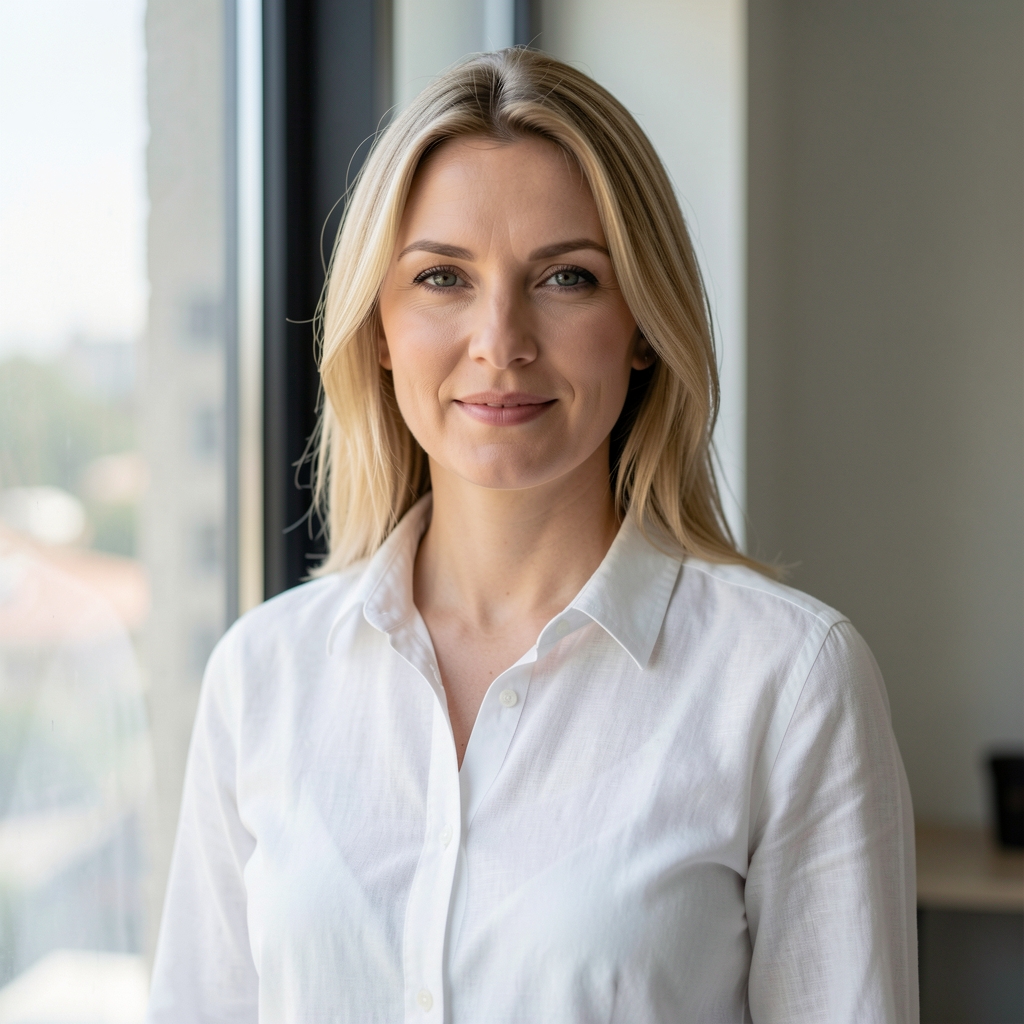 Professional headshot of Mavienta lead nutritionist — standing beside a large window in the Bucharest studio, wearing a white linen shirt, relaxed and precise in demeanour