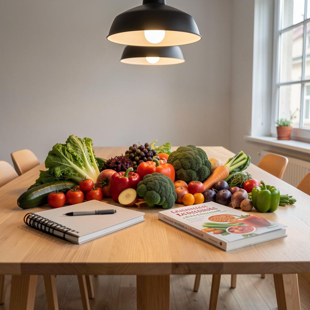 Bucharest nutrition studio interior — a clean wooden table set with fresh seasonal vegetables, notebooks and a nutrition reference book under warm overhead lighting