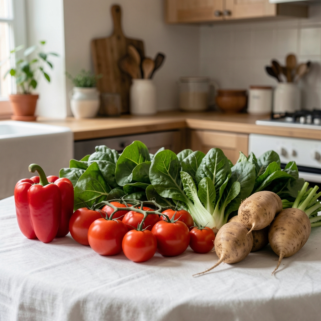 An array of fresh seasonal vegetables — red peppers, leafy greens, tomatoes and root vegetables arranged on a white linen surface in a Bucharest kitchen studio
