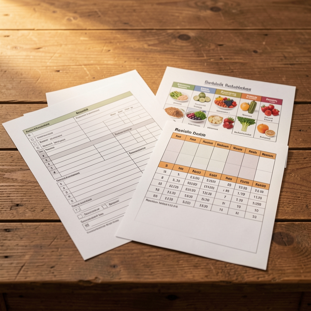 Mavienta nutrition methodology documentation spread on a wooden table — printed intake forms, seasonal food calendars and a revision-numbered batch log under warm studio lighting
