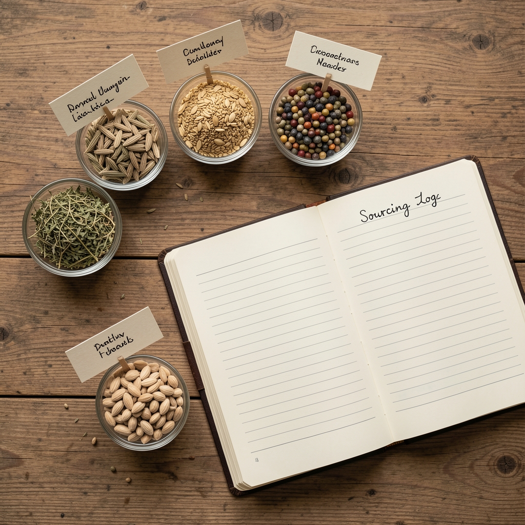 Overhead view of a wooden surface with labelled produce samples — small glass bowls of dried herbs, legumes and seeds with handwritten identification cards alongside an open sourcing logbook