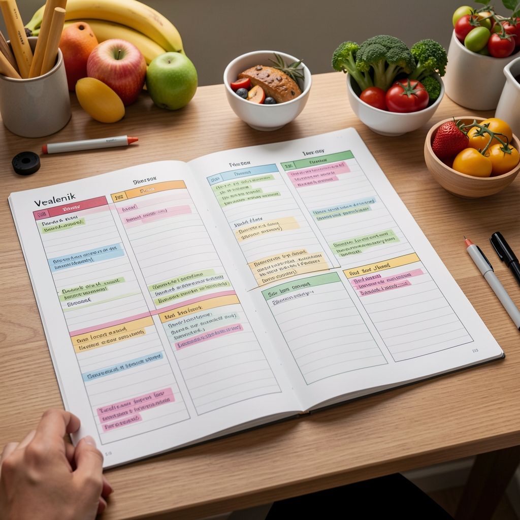 Mavienta studio desk with a week of food diary pages laid out — hand-annotated entries with coloured markers highlighting vegetable and fruit categories across seven days